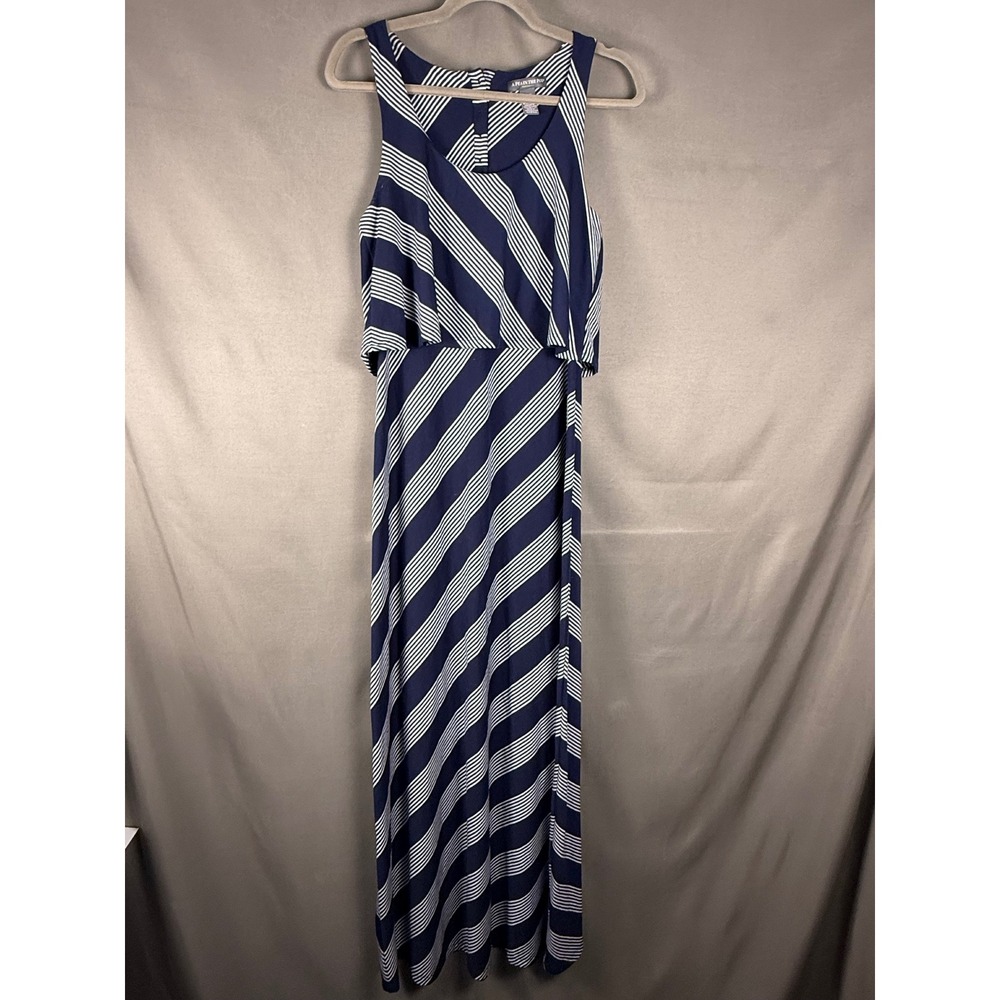 A Pea in the Pod Maternity Maxi Dress Women Small Navy Blue Striped Popover